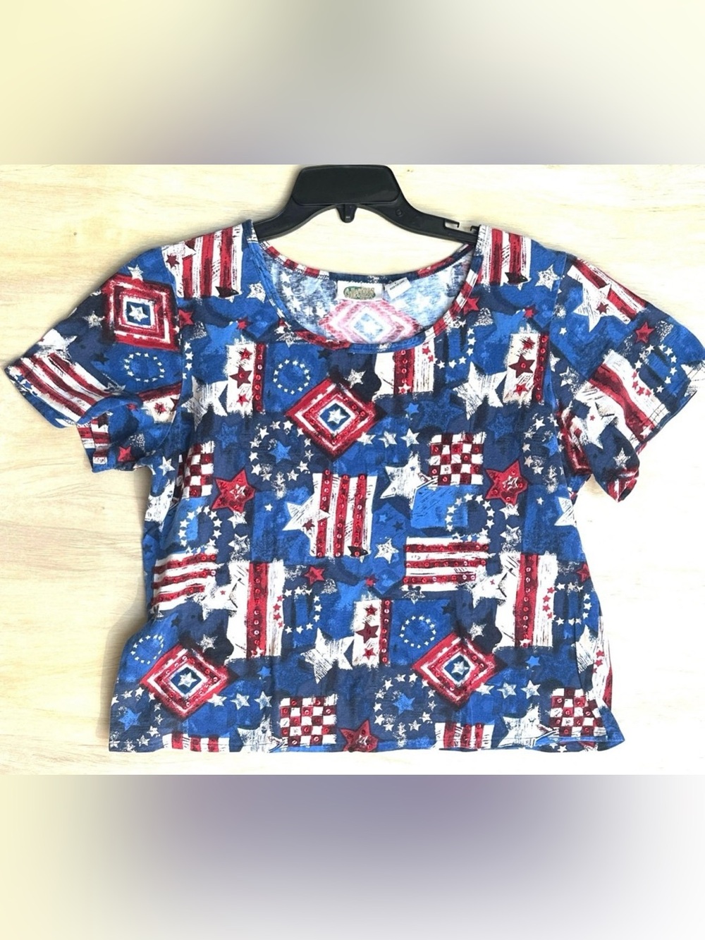 Collections Etc Women's Patriotic Patchwork Sequin Knit Cotton Tee Large